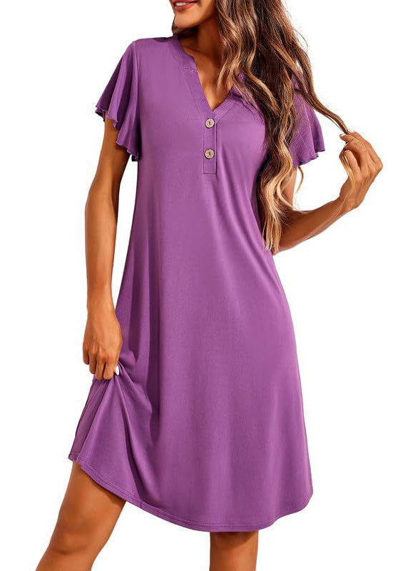 Pajamas Purple Simple Button Cotton Neck V Summer Dress