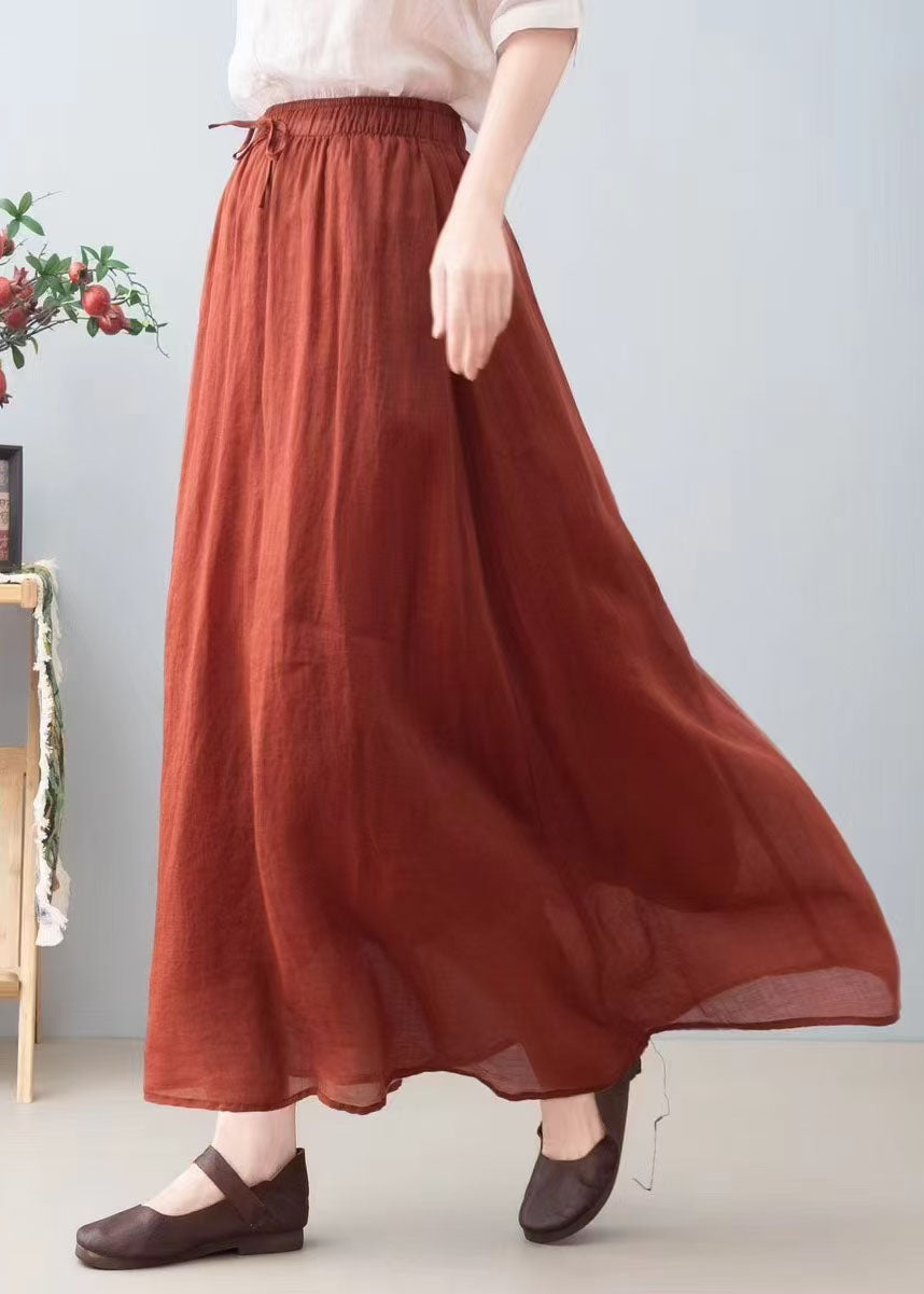Red Linen A Summer Line Skirts Elastic Waist Simple
