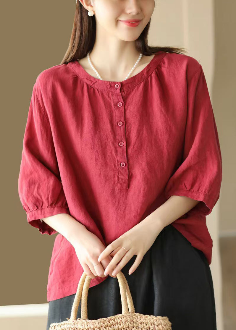 Cotton O Red Simple Bracelet Button Shirts Neck Sleeve