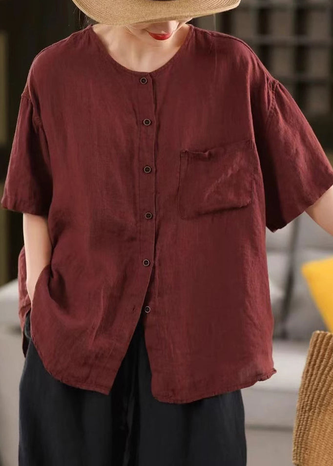 Linen Pockets Summer Red O Shirt Simple Neck Button