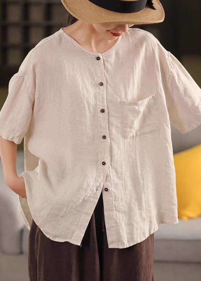 Linen Pockets Summer Red O Shirt Simple Neck Button