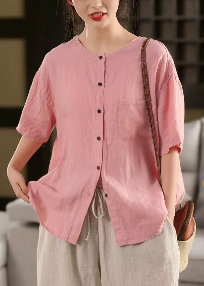 Linen Pockets Summer Red O Shirt Simple Neck Button