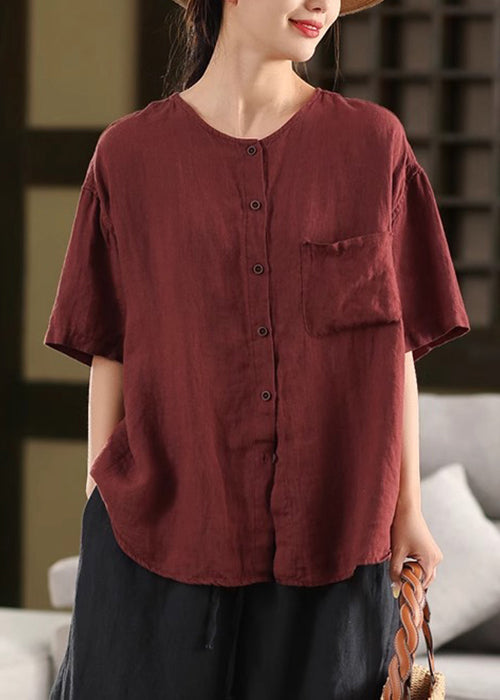 Linen Pockets Summer Red O Shirt Simple Neck Button