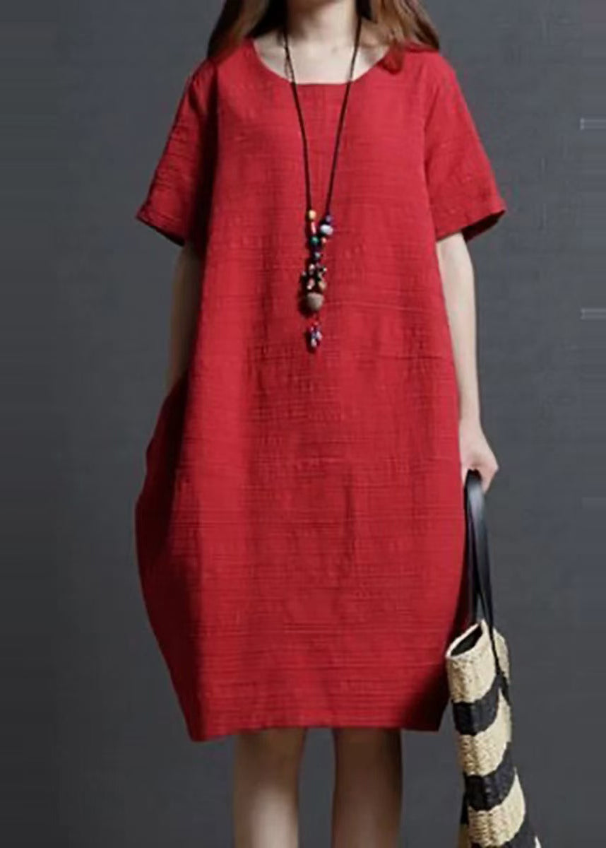 Mid Oversized Dress Linen Simple Red Summer