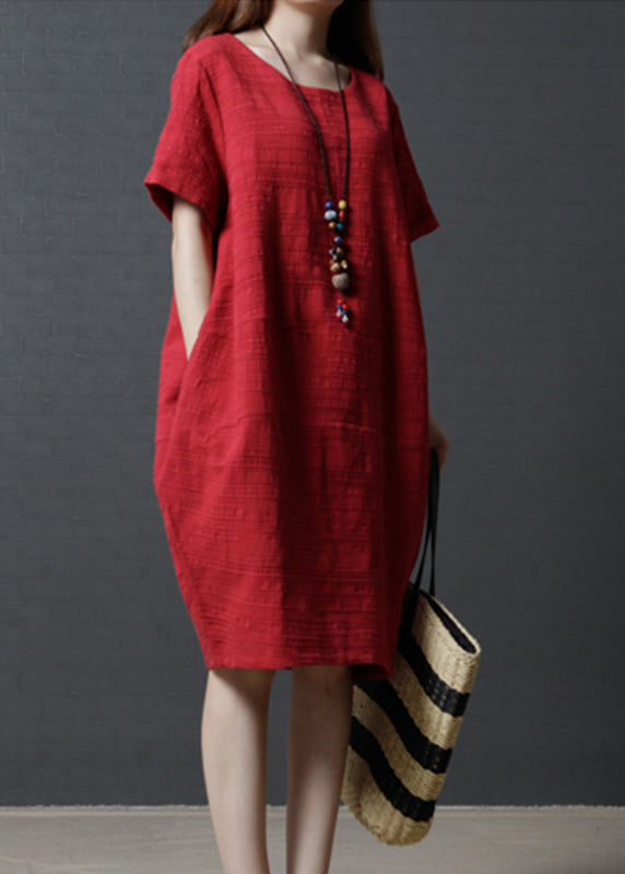 Mid Oversized Dress Linen Simple Red Summer