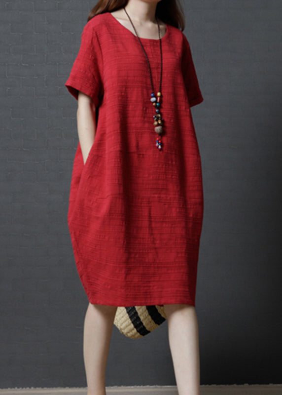 Oversized Simple Red Dress Linen Mid Summer