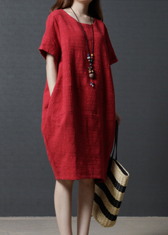 Oversized Simple Red Dress Linen Mid Summer