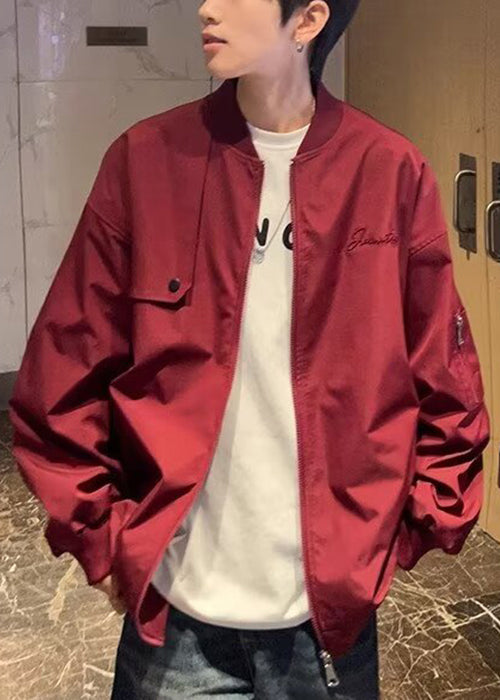 Simple Red Stand Collar Zip Up Cotton Men Coat Spring TC056