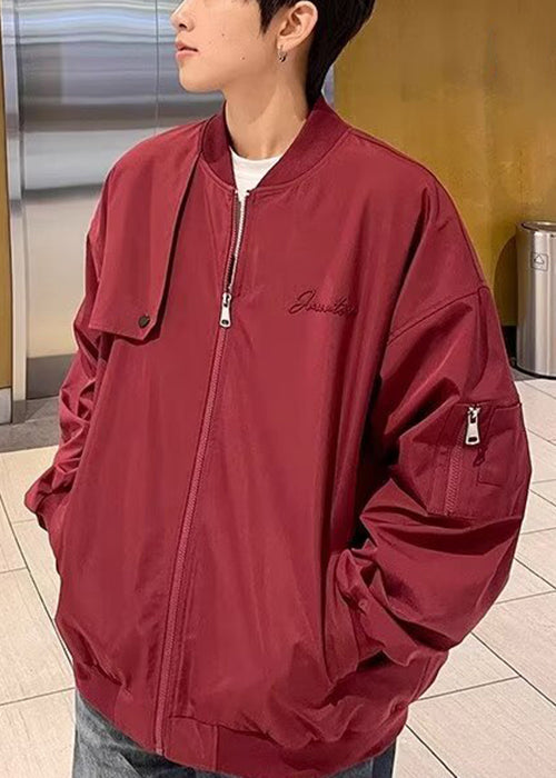 Simple Red Stand Collar Zip Up Cotton Men Coat Spring TC056