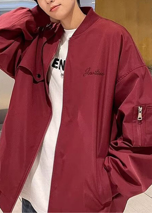 Simple Red Stand Collar Zip Up Cotton Men Coat Spring TC056