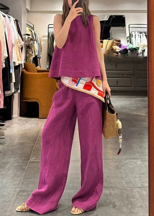 O Pieces Rose Pants Linen Simple Tank And Solid Set Two Neck