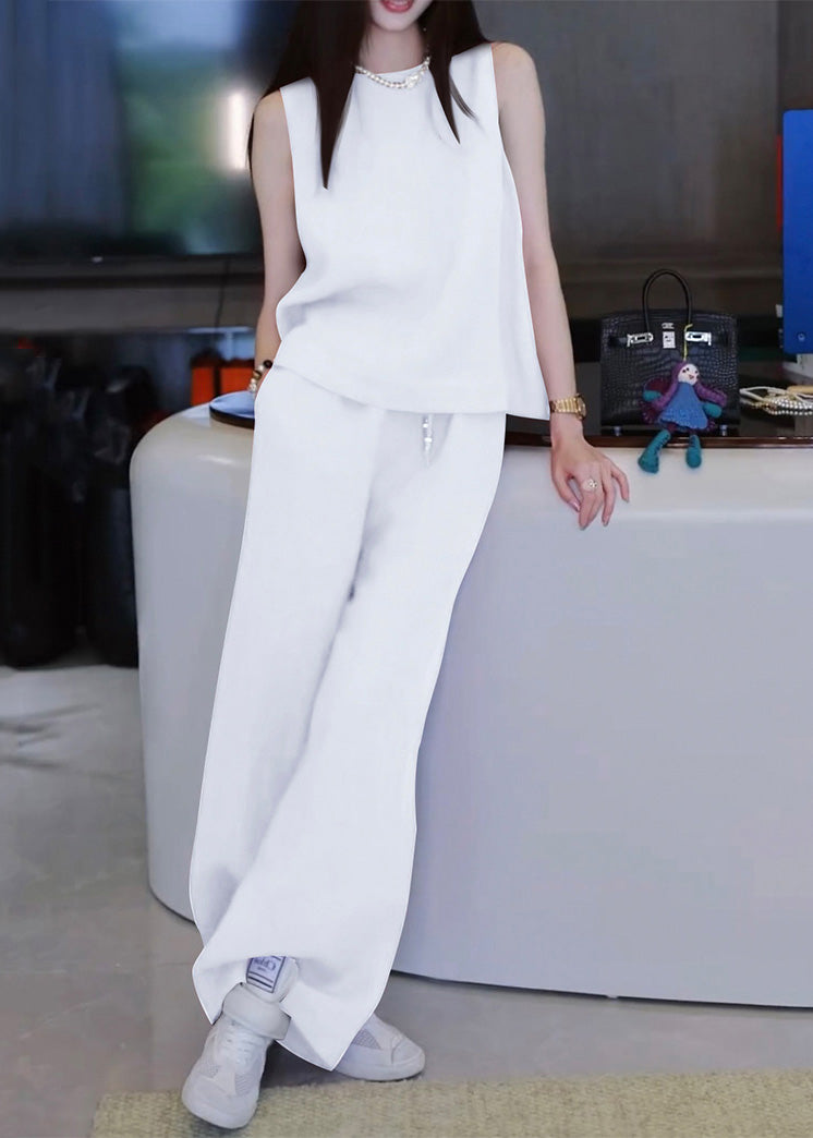 O Pieces Rose Pants Linen Simple Tank And Solid Set Two Neck