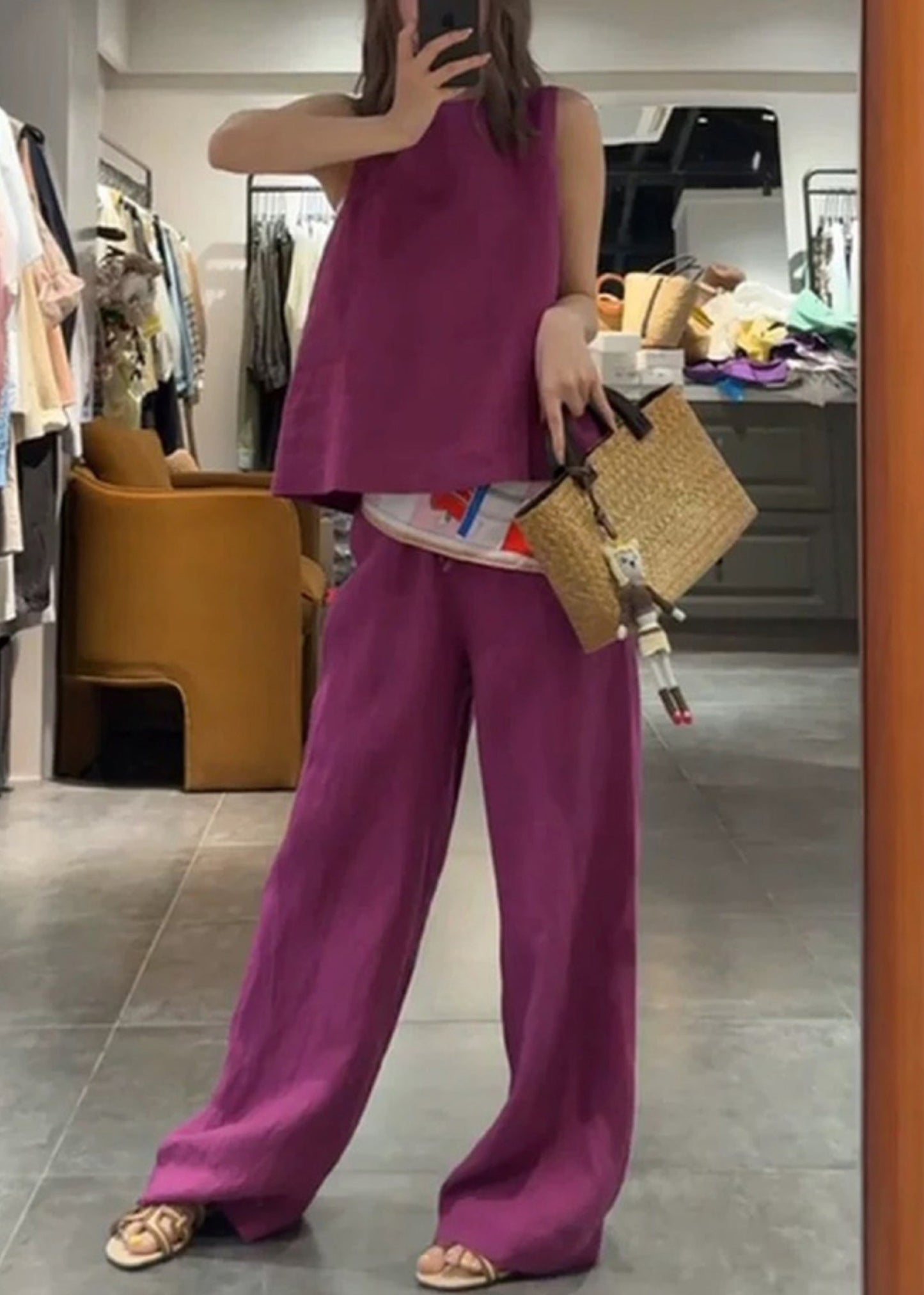 O Pieces Rose Pants Linen Simple Tank And Solid Set Two Neck