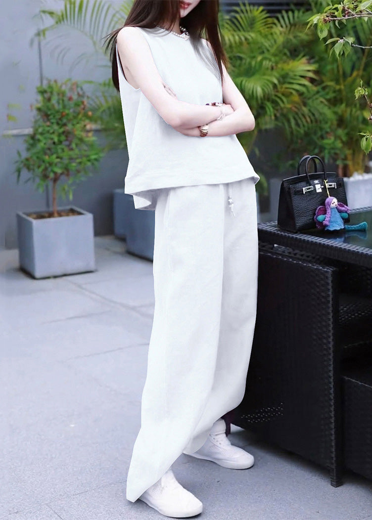 O Pieces Rose Pants Linen Simple Tank And Solid Set Two Neck