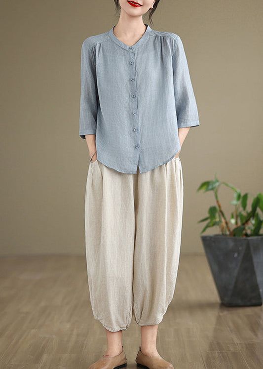 Simple Summer Two Oversized Blue Linen Outfits Piece Set Sea
