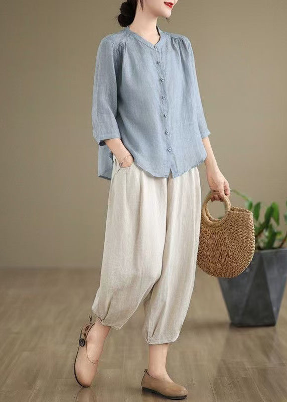 Simple Summer Two Oversized Blue Linen Outfits Piece Set Sea