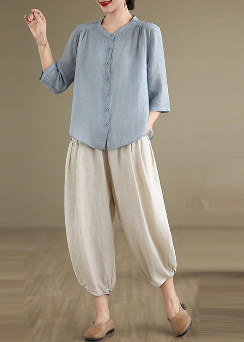 Simple Summer Two Oversized Blue Linen Outfits Piece Set Sea