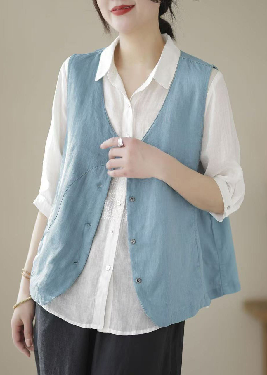 Sleeveless Waistcoat Blue Sky Button Neck Simple V Cotton