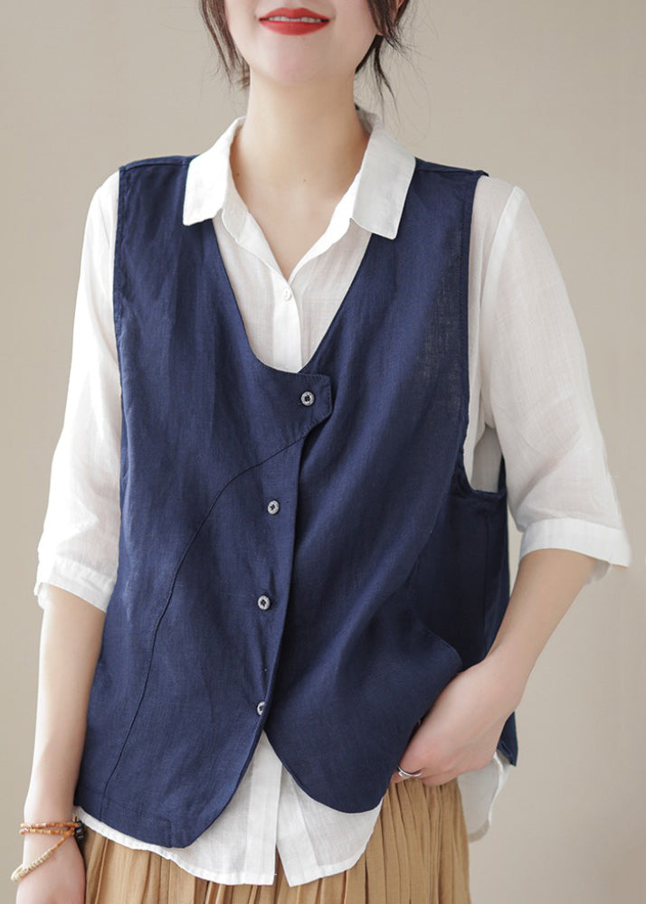 Sleeveless Waistcoat Blue Sky Button Neck Simple V Cotton