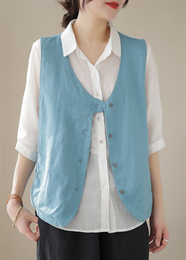 Sleeveless Waistcoat Blue Sky Button Neck Simple V Cotton