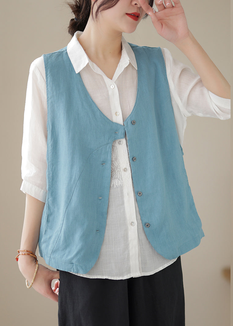 Sleeveless Waistcoat Blue Sky Button Neck Simple V Cotton