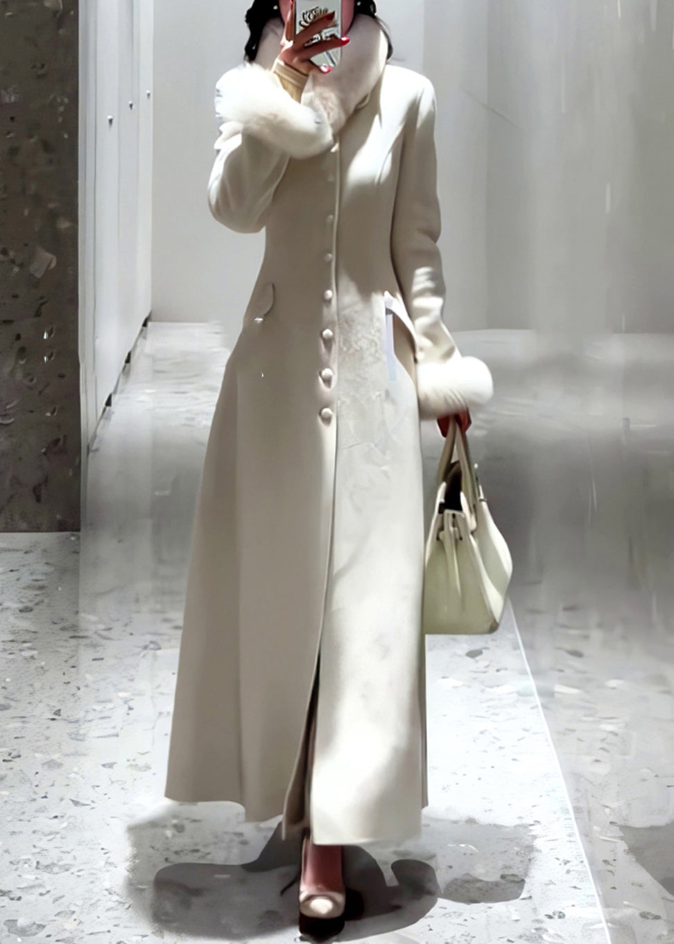 Simple White Button Fur Patchwork Woolen Coat Spring TY001