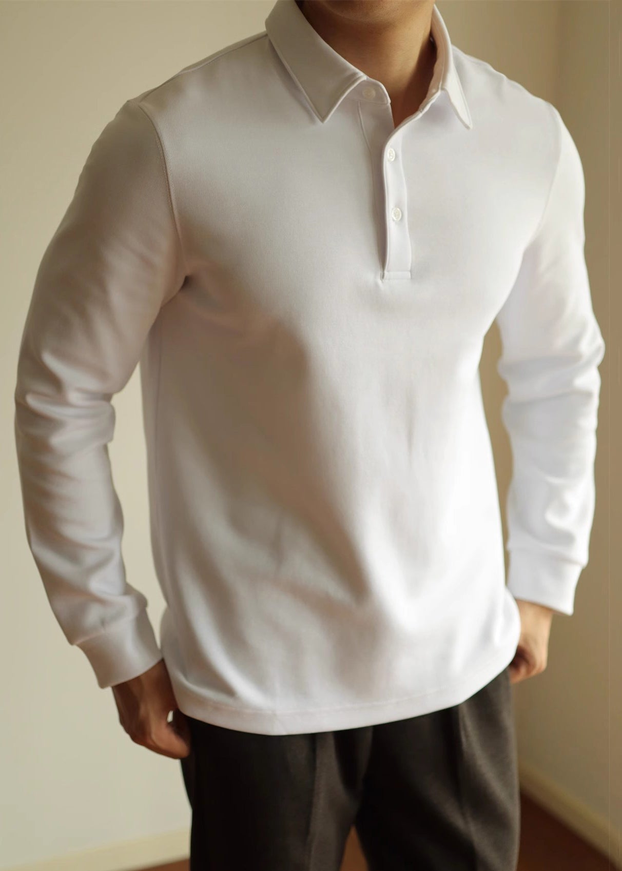 Simple White Button Solid Cotton Men Polo T Shirts Spring TC026