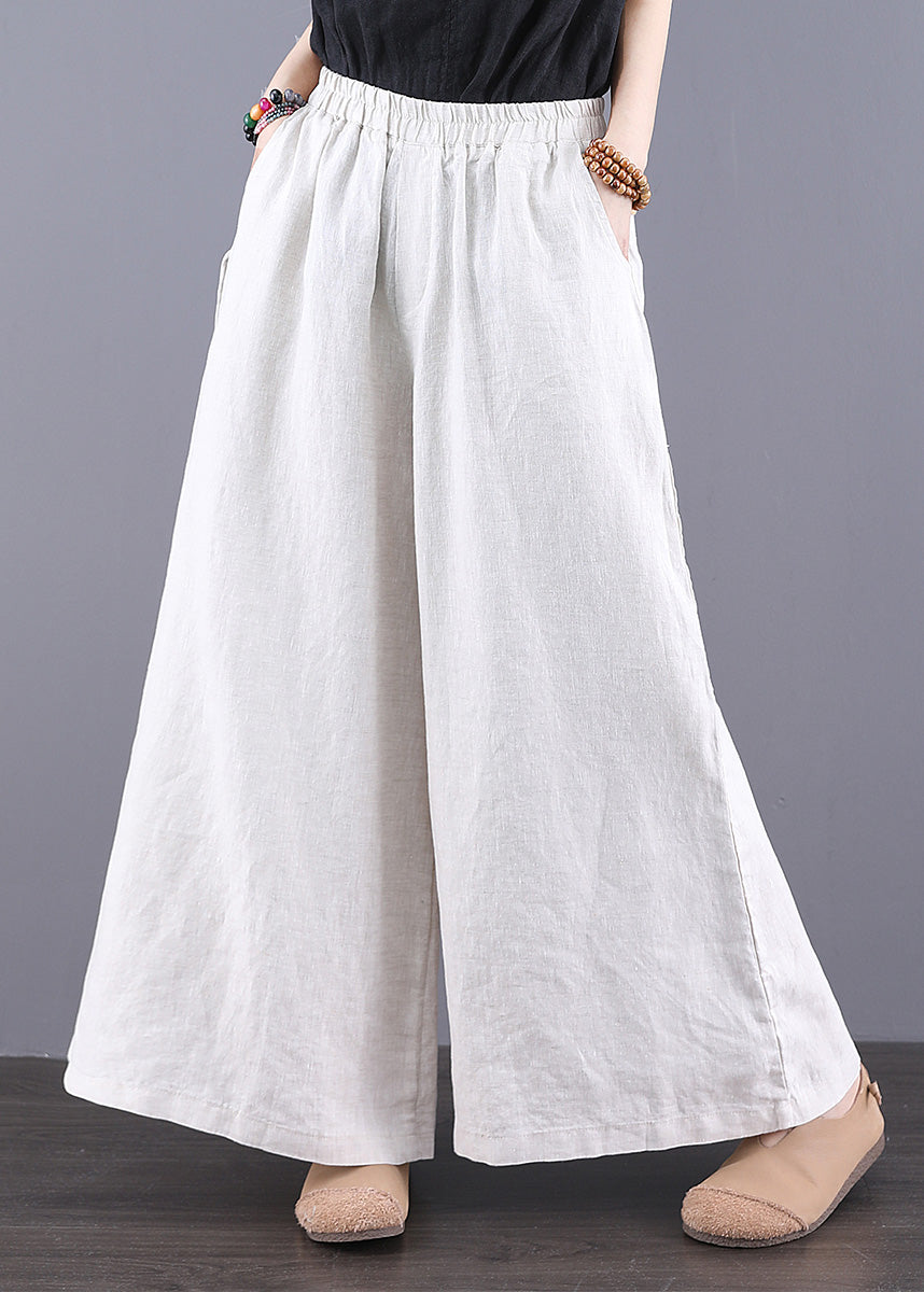 Simple Summer White Pants Linen Trousers Elastic Waist Straight