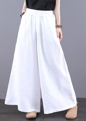 Simple Summer White Pants Linen Trousers Elastic Waist Straight