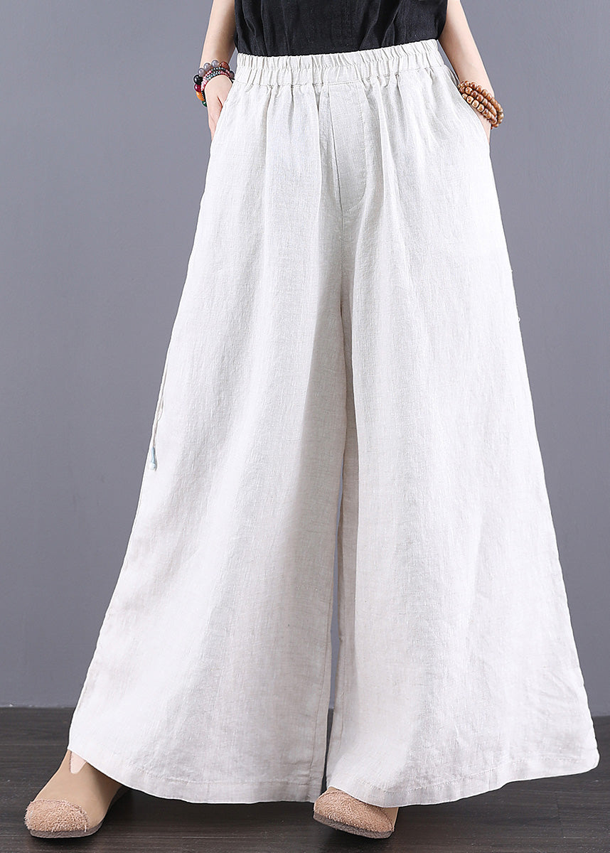 Simple Summer White Pants Linen Trousers Elastic Waist Straight
