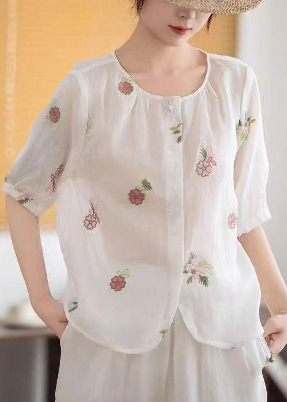 Embroidered Half Sleeve White Simple Shirt Linen