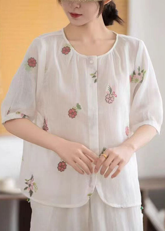 Embroidered Half Sleeve White Simple Shirt Linen