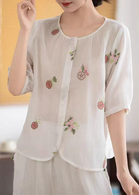 Embroidered Half Sleeve White Simple Shirt Linen