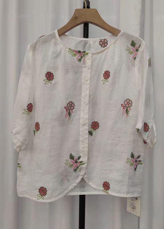 Embroidered Half Sleeve White Simple Shirt Linen