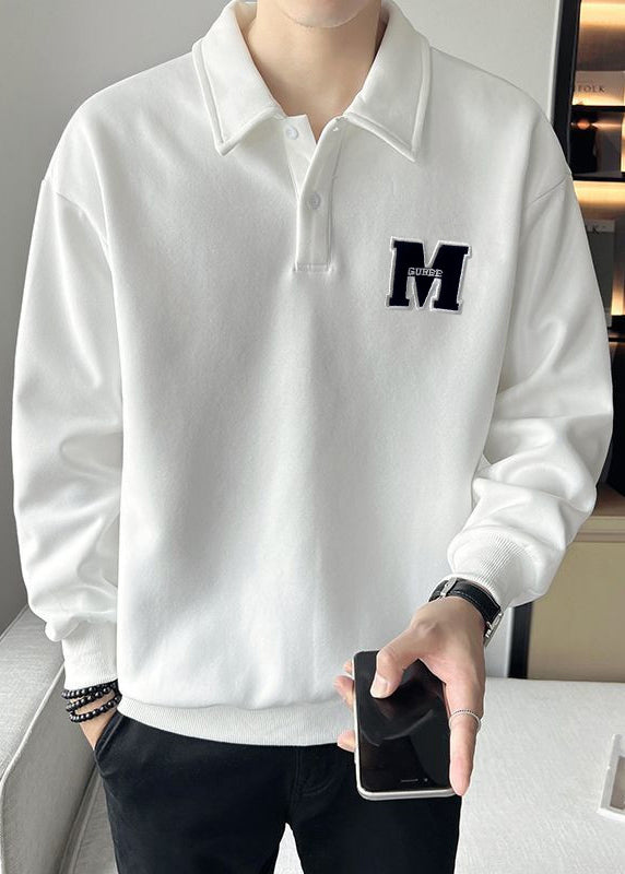 Simple White Embroideried Button Warm Fleece Men Sweatshirt Spring TC022