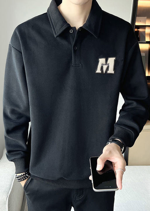 Simple White Embroideried Button Warm Fleece Men Sweatshirt Spring TC022