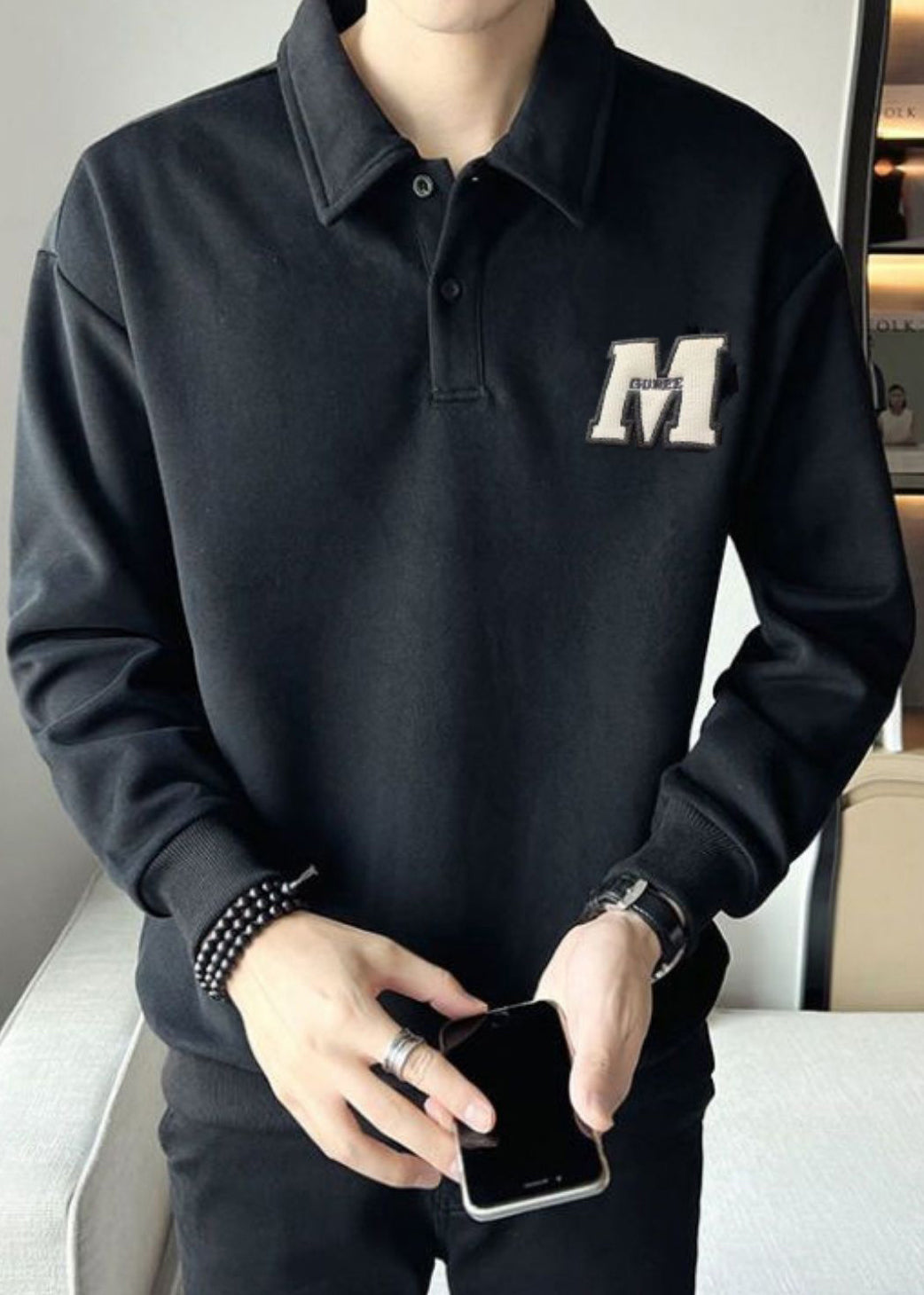 Simple White Embroideried Button Warm Fleece Men Sweatshirt Spring TC022