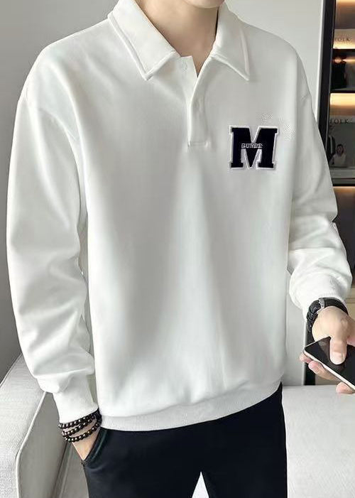 Simple White Embroideried Button Warm Fleece Men Sweatshirt Spring TC022