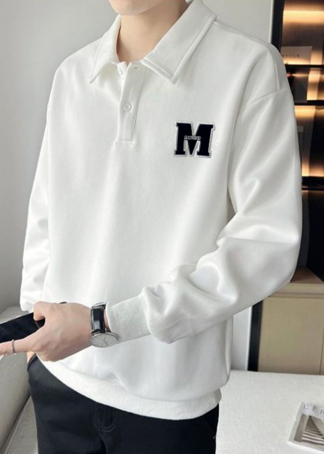 Simple White Embroideried Button Warm Fleece Men Sweatshirt Spring TC022