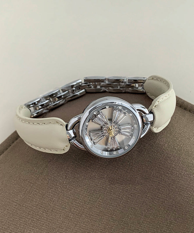 White Leather Watches Zircon Hardlex Simple Crystal