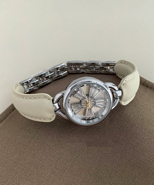White Leather Watches Zircon Hardlex Simple Crystal