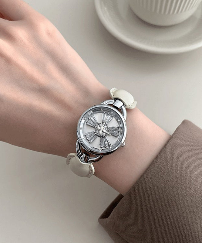 White Leather Watches Zircon Hardlex Simple Crystal