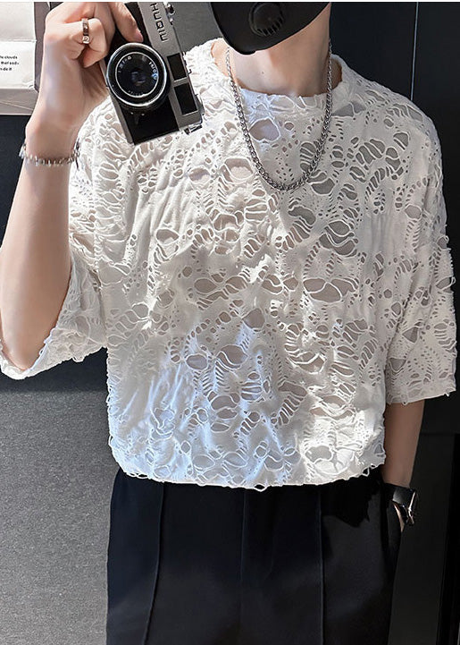 Ripped Shirt T Simple Men Summer Oversized Cotton White
