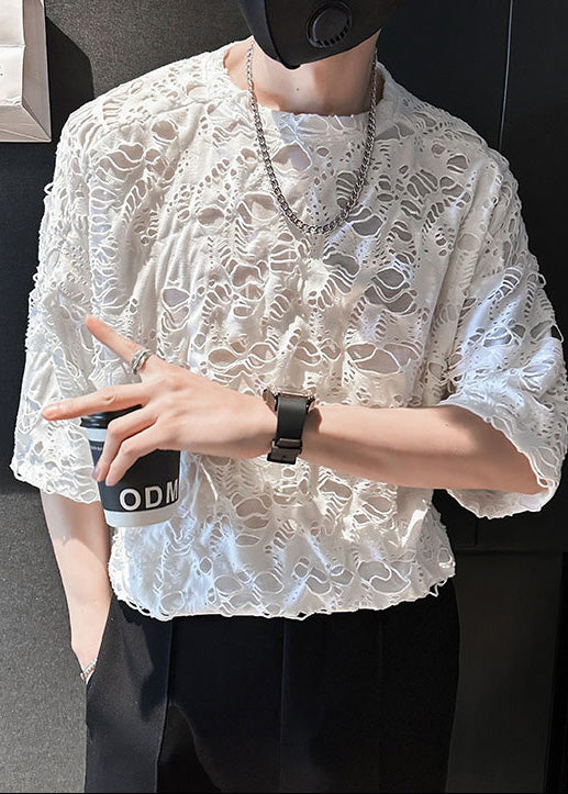 Ripped Shirt T Simple Men Summer Oversized Cotton White