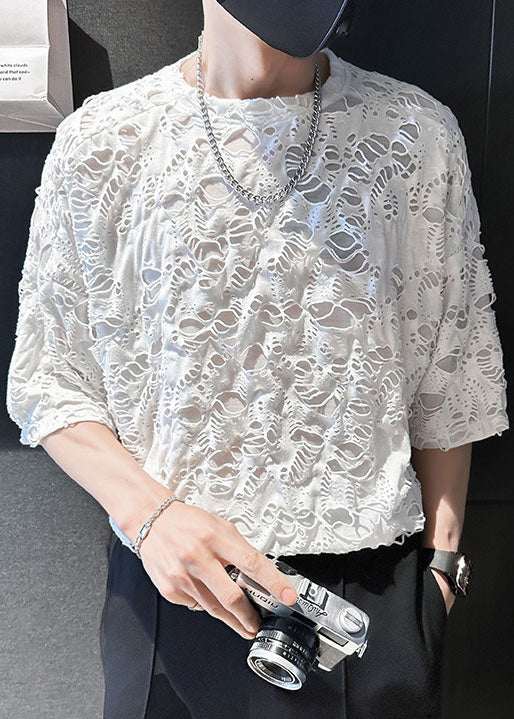 Ripped Shirt T Simple Men Summer Oversized Cotton White