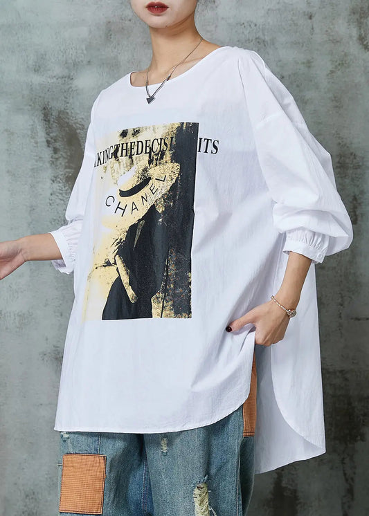 Simple White Oversized Print Cotton Blouses Spring Ada Fashion