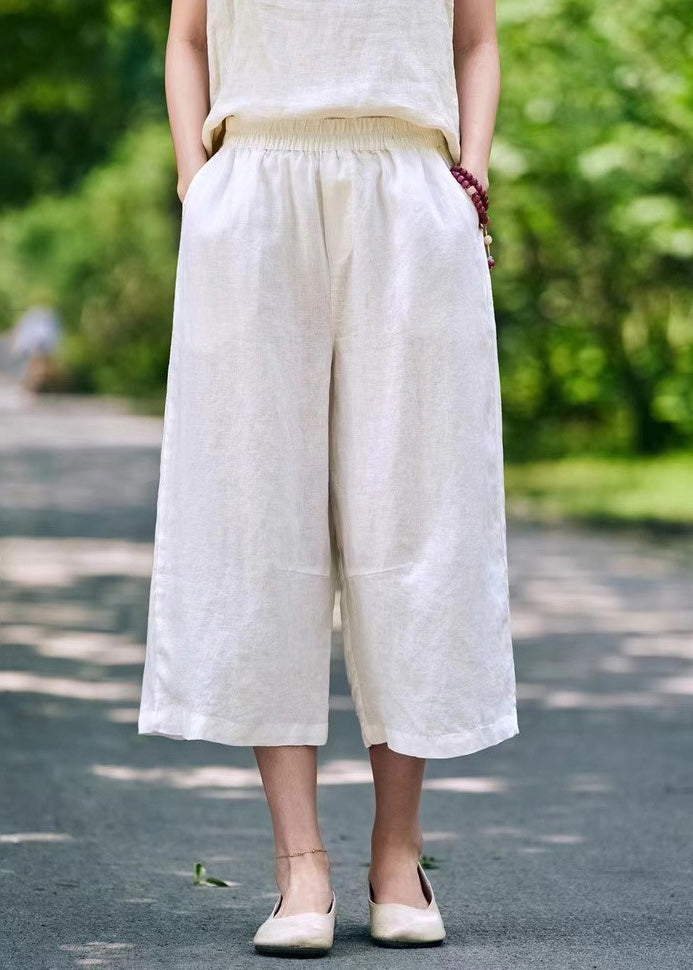 Waist Crop Elastic Pockets Pants Summer Linen White Simple