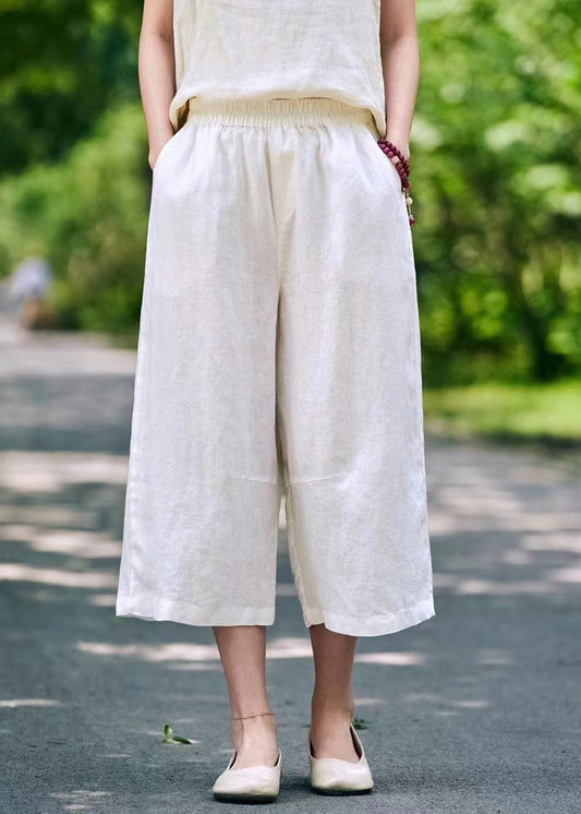 Waist Crop Elastic Pockets Pants Summer Linen White Simple