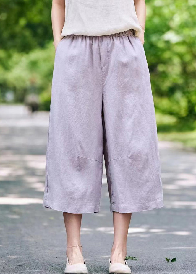 Waist Crop Elastic Pockets Pants Summer Linen White Simple