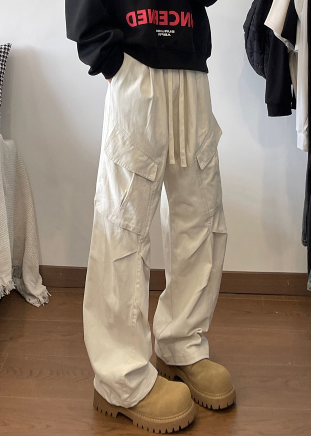 Simple Up Pants White Pockets Elastic Men Lace Cotton Waist